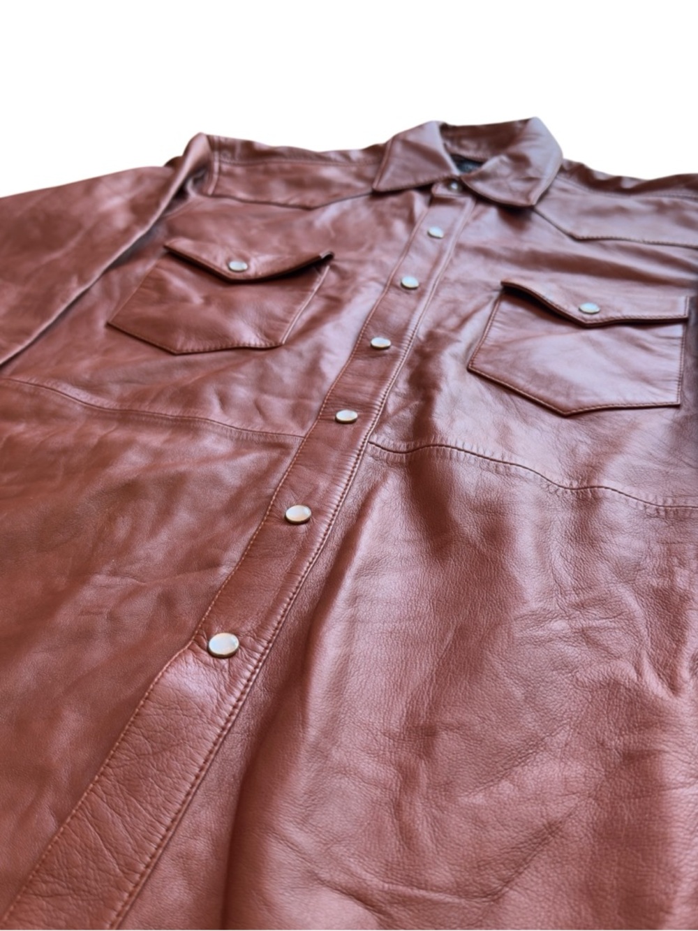 SPRWMN Brown Leather Snap Front Shirt Genuine Leather Small Quiet Luxury STAINED - Picture 9 of 16
